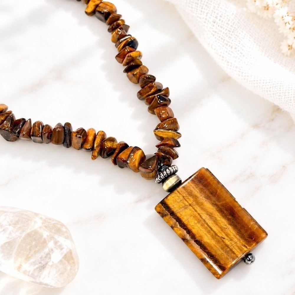 Vintage Fall Tigers Eye Rectangular Slab Pendant Chip Bead Necklace Boho Earthy